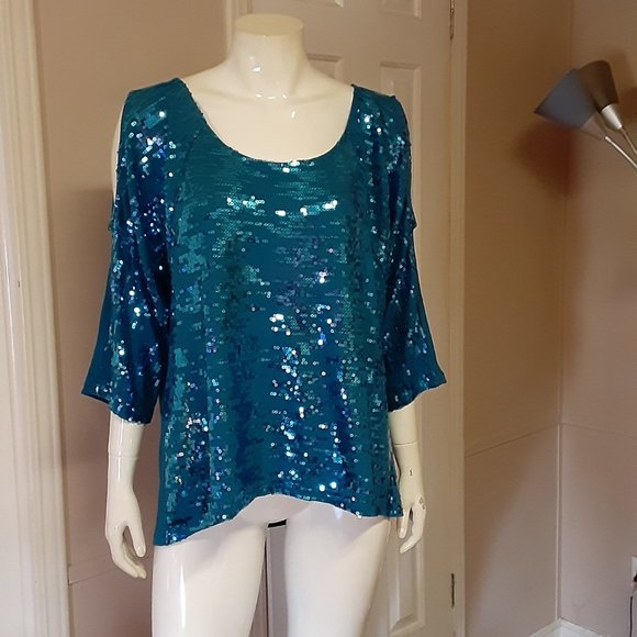 Eyeshadow Tops - Eyeshadow Teal Blue Sequined Cold Shoulder Top